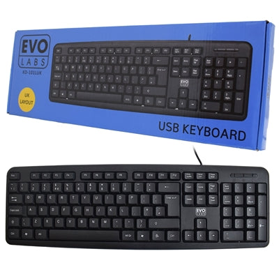 Evo Labs KD-101LUK Wired Keyboard and MO-128 Wired Mouse Bundle, USB Plug and Play, Full Size Qwerty UK Layout Keyboard with Optical Sensor Mouse, Ideal for Home or Office, Black