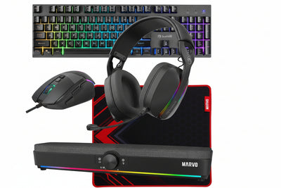 Marvo Scorpion 6-Product Gaming & Streaming Bundle featuring Gaming Keyboard, Programmable USB Mouse, Non-Slip Mousepad, PC & Console-Compatible Gaming Headset, RGB Stereo Soundbar & USB Streaming Microphone
