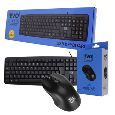 Evo Labs KD-101LUK Wired Keyboard and MO-128 Wired Mouse Bundle, USB Plug and Play, Full Size Qwerty UK Layout Keyboard with Optical Sensor Mouse, Ideal for Home or Office, Black